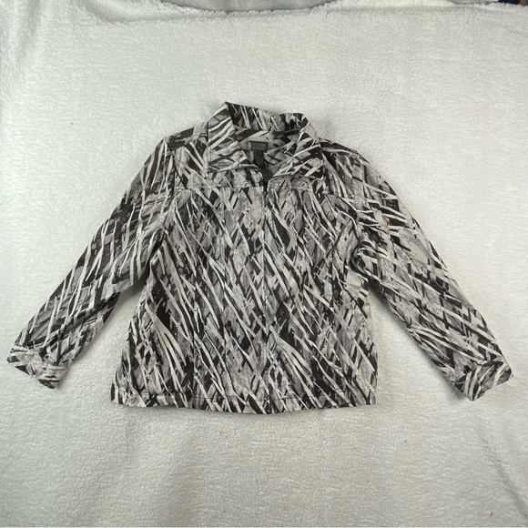 Additions By Chicos Jacket Women 3 US XL Black Gray Abstract Denim Boho Y2K Goth - Picture 3 of 14